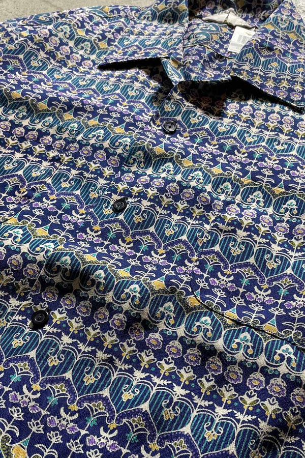 70'S OPEN COLLAR FLOWER DESIGN S/S SHIRT/ BLUE [SIZE:L USED]