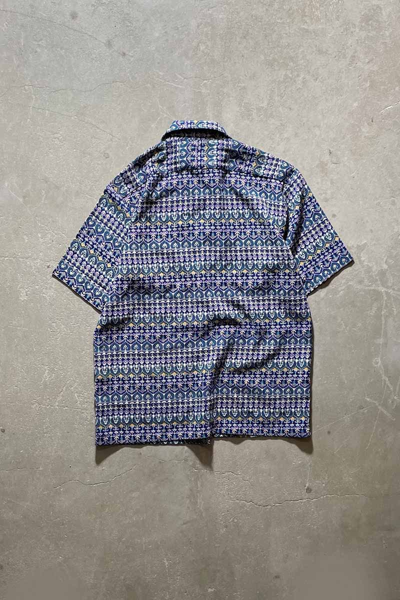 70'S OPEN COLLAR FLOWER DESIGN S/S SHIRT/ BLUE [SIZE:L USED]