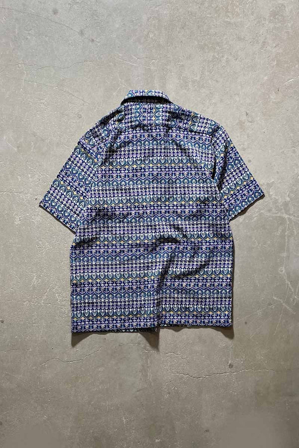 70'S OPEN COLLAR FLOWER DESIGN S/S SHIRT/ BLUE [SIZE:L USED]