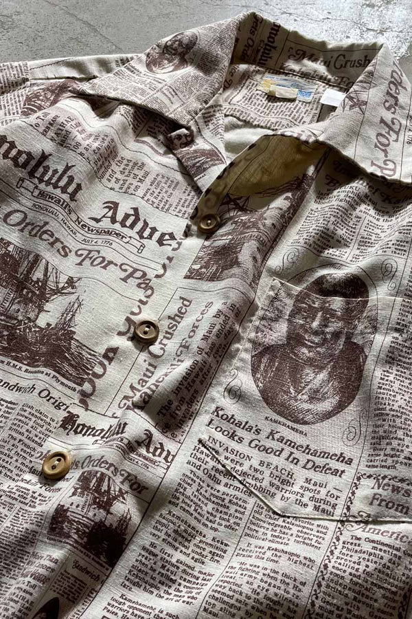 MADE IN HAWAII 70-80'S OPEN COLLAR LINEN COTTON NEWSPAPER DESIGN S/S SHIRT/ WHITE [SIZE:L USED]