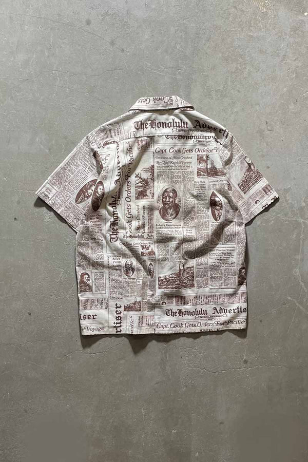 MADE IN HAWAII 70-80'S OPEN COLLAR LINEN COTTON NEWSPAPER DESIGN S/S SHIRT/ WHITE [SIZE:L USED]