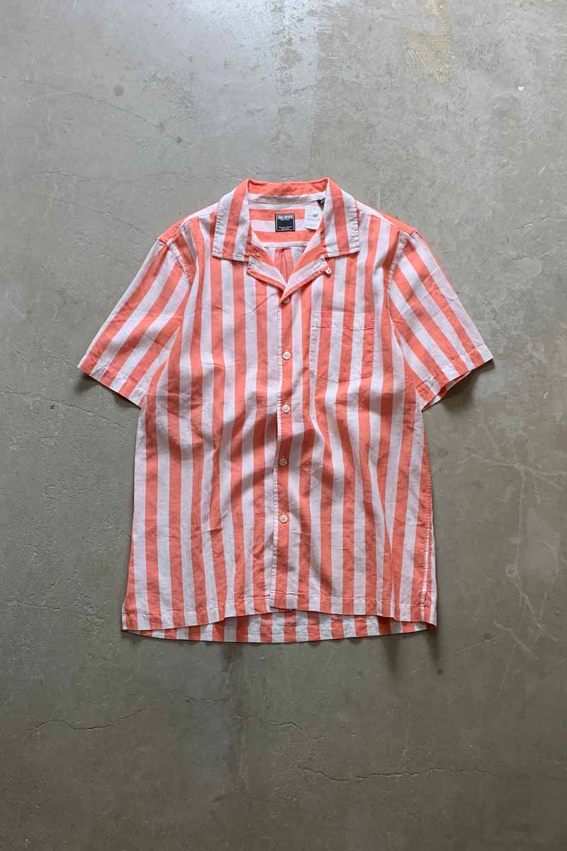 MADE IN PORTUGAL S/S WIDE STRIPE OPEN COLLAR SHIRT / PINK / WHITE [SIZE: M USED]