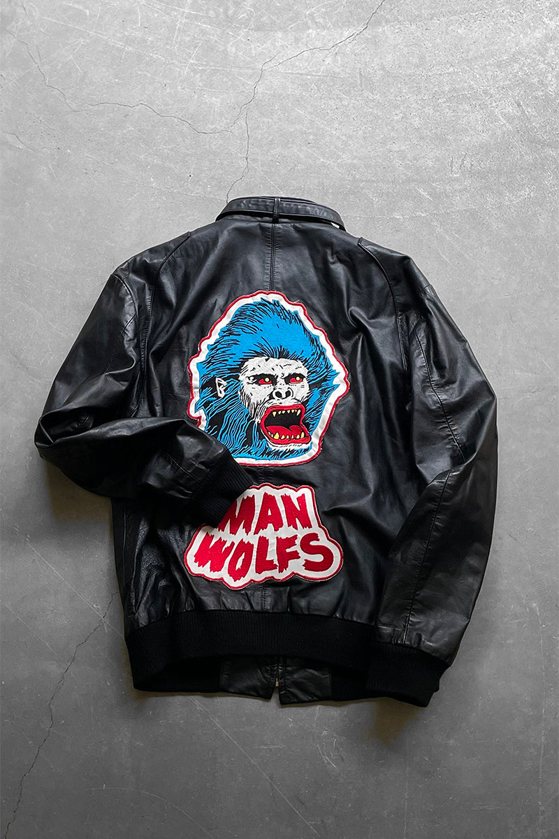 Y2K EARLY 00'S BACK PATCH WORK MAN WOLFS LEATHER JACKET / BLACK [SIZE: M USED]