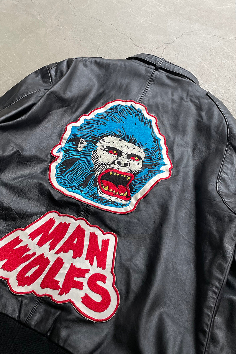 Y2K EARLY 00'S BACK PATCH WORK MAN WOLFS LEATHER JACKET / BLACK [SIZE: M USED]