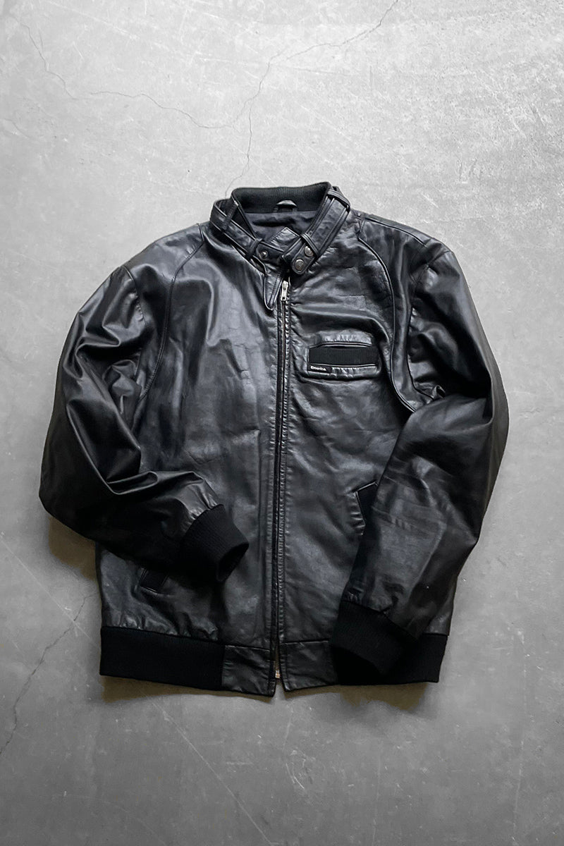 Y2K EARLY 00'S BACK PATCH WORK MAN WOLFS LEATHER JACKET / BLACK [SIZE: M USED]