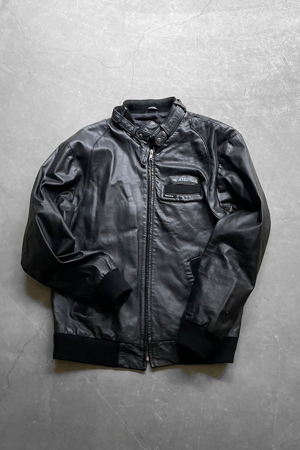 Y2K EARLY 00'S BACK PATCHWORK MAN WOLVES LEATHER JACKET / BLACK [SIZE: M USED]