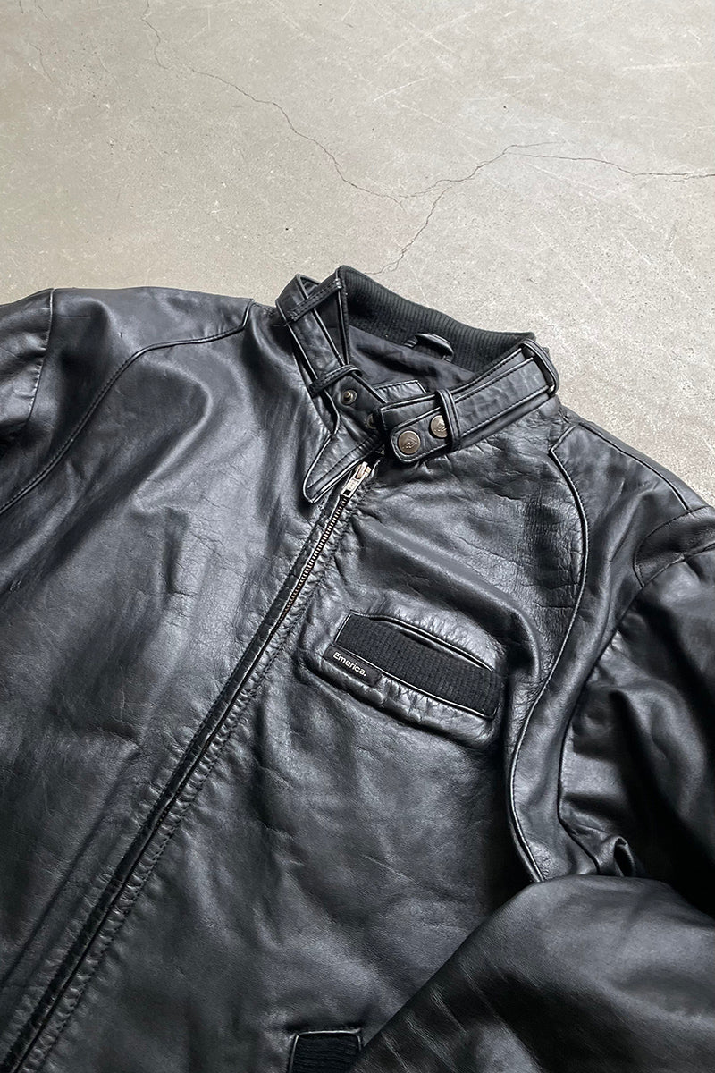 Y2K EARLY 00'S BACK PATCH WORK MAN WOLFS LEATHER JACKET / BLACK [SIZE: M USED]