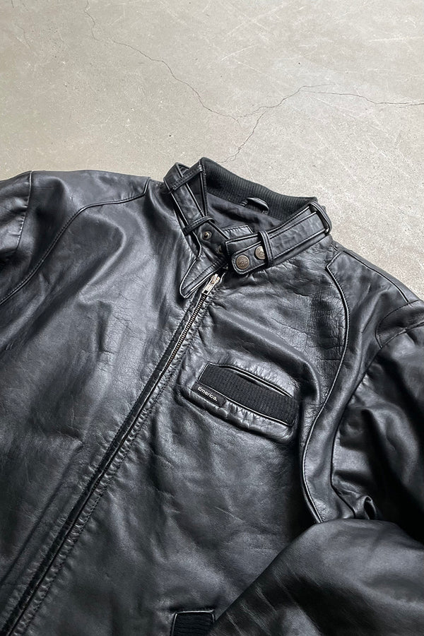 Y2K EARLY 00'S BACK PATCHWORK MAN WOLVES LEATHER JACKET / BLACK [SIZE: M USED]