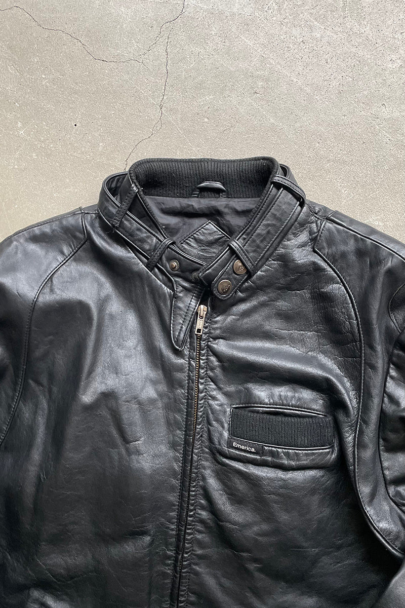 Y2K EARLY 00'S BACK PATCH WORK MAN WOLFS LEATHER JACKET / BLACK [SIZE: M USED]