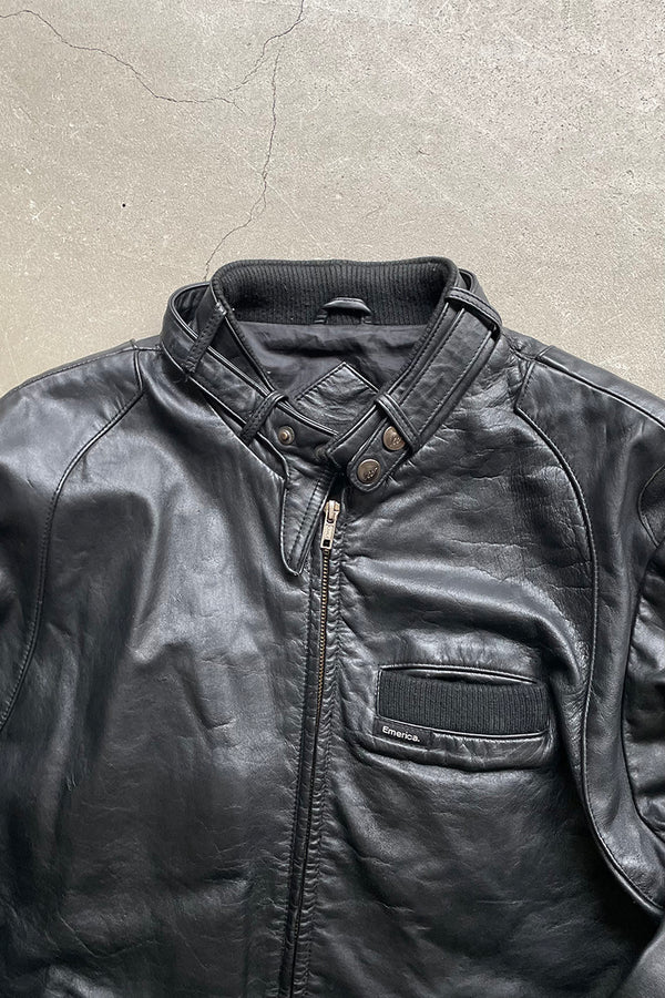 Y2K EARLY 00'S BACK PATCHWORK MAN WOLVES LEATHER JACKET / BLACK [SIZE: M USED]