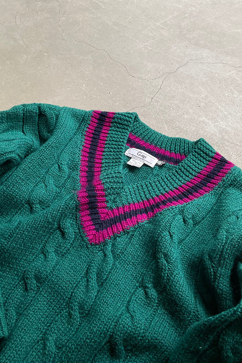 80'S V-NECK TILDEN WOOL KNIT SWEATER / GREEN [SIZE: M USED]