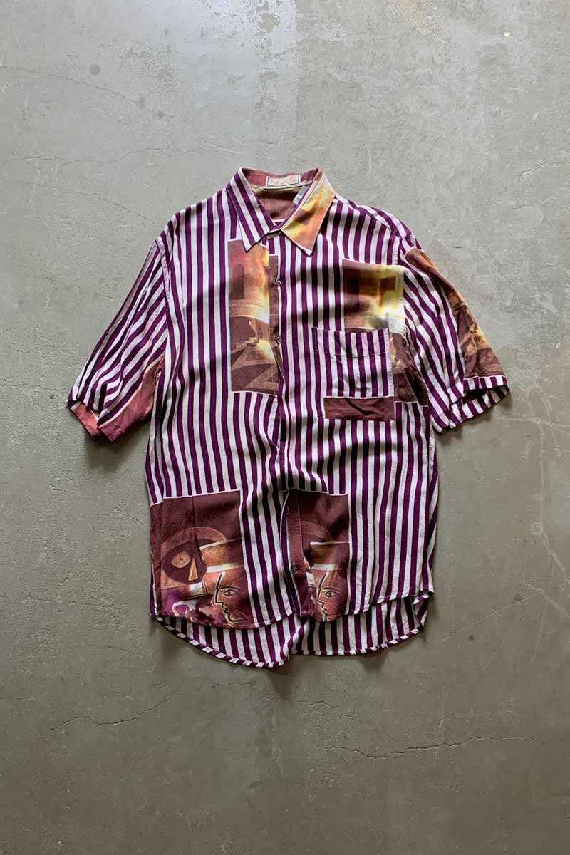 S/S STRIPE DESIGN SHIRT / BURGUNDY [SIZE: L USED]