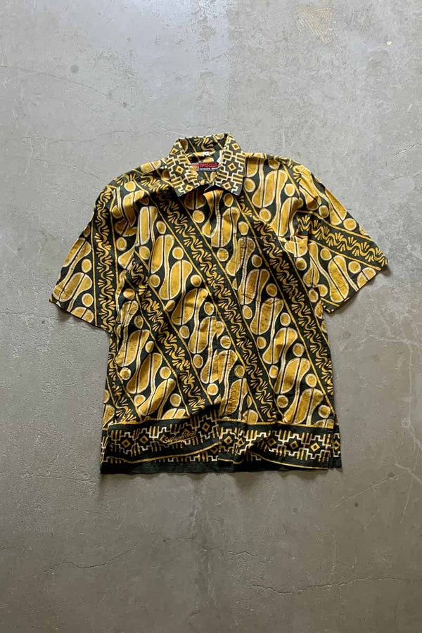 90'S S/S OPEN COLLAR FLY FRONT DESIGN PATTERN SHIRT / MULTI [SIZE: M USED]