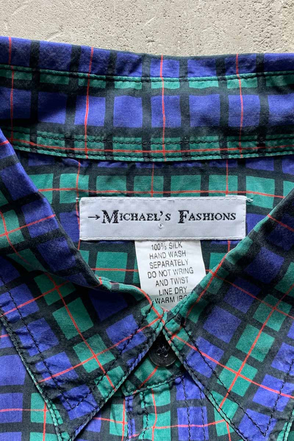 90'S S/S SILK CHECK SHIRT / NAVY [SIZE: S USED]