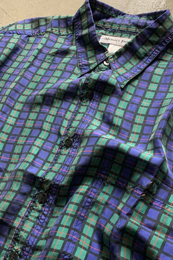 90'S S/S SILK CHECK SHIRT / NAVY [SIZE: S USED]