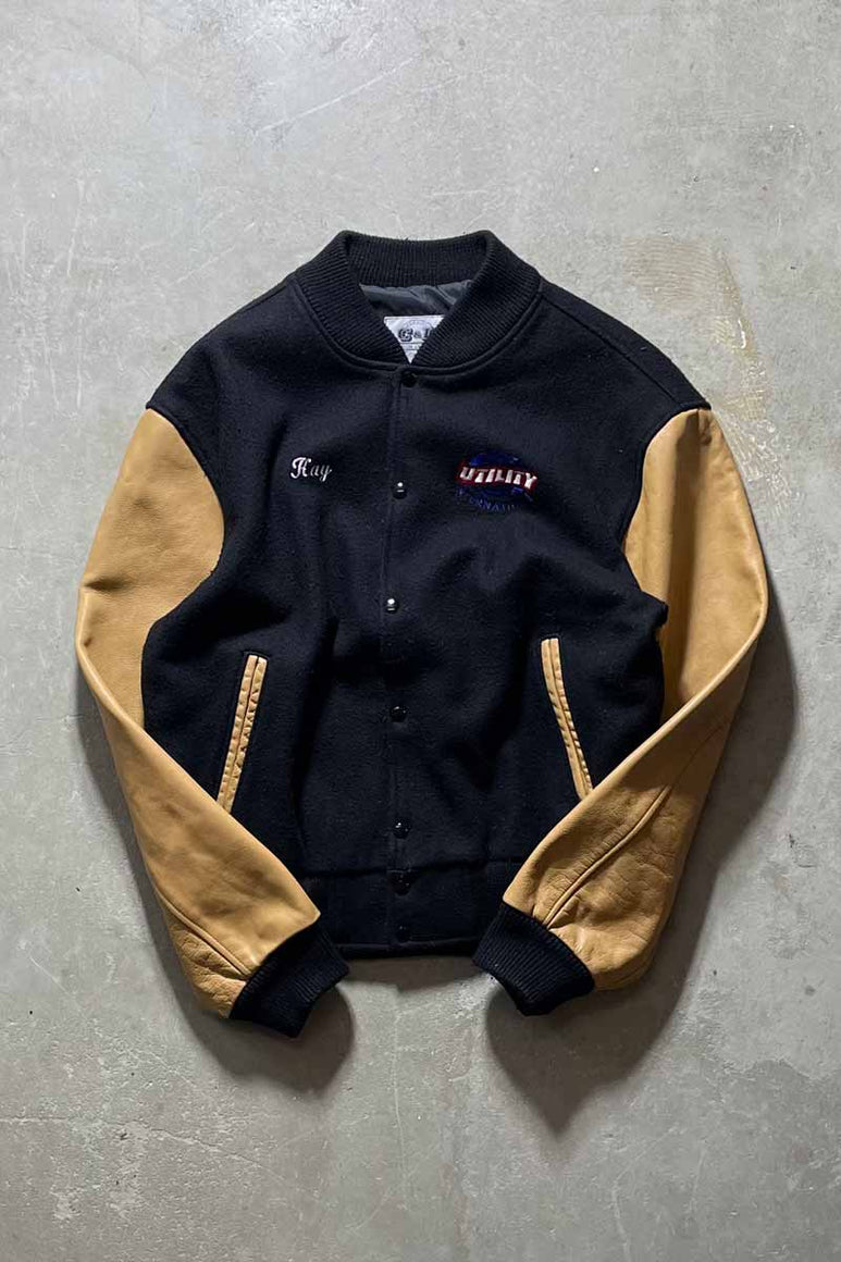 MADE IN USA 90'S WOOL LEATHER STADIUM JACKET/ BLACK [SIZE:XL USED]