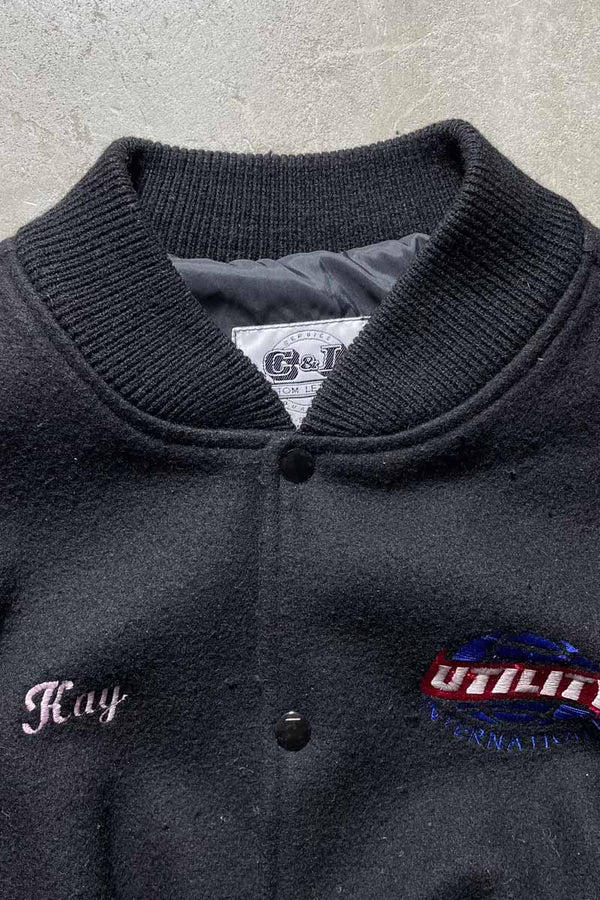 MADE IN USA 90'S WOOL LEATHER STADIUM JACKET/ BLACK [SIZE:XL USED]