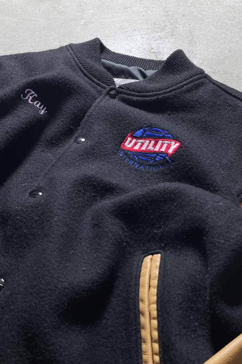 MADE IN USA 90'S WOOL LEATHER STADIUM JACKET/ BLACK [SIZE:XL USED]