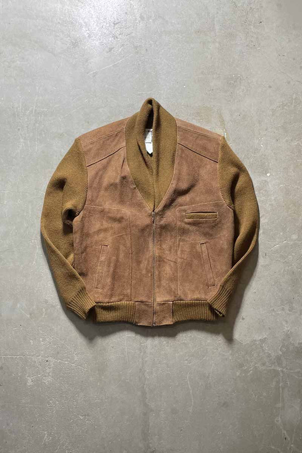 80'S SUEDE LEATHER ACRYLIC KNIT JACKET/ BROWN [SIZE:XL USED]