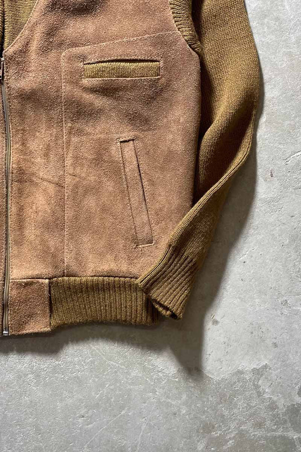 80'S SUEDE LEATHER ACRYLIC KNIT JACKET/ BROWN [SIZE:XL USED]