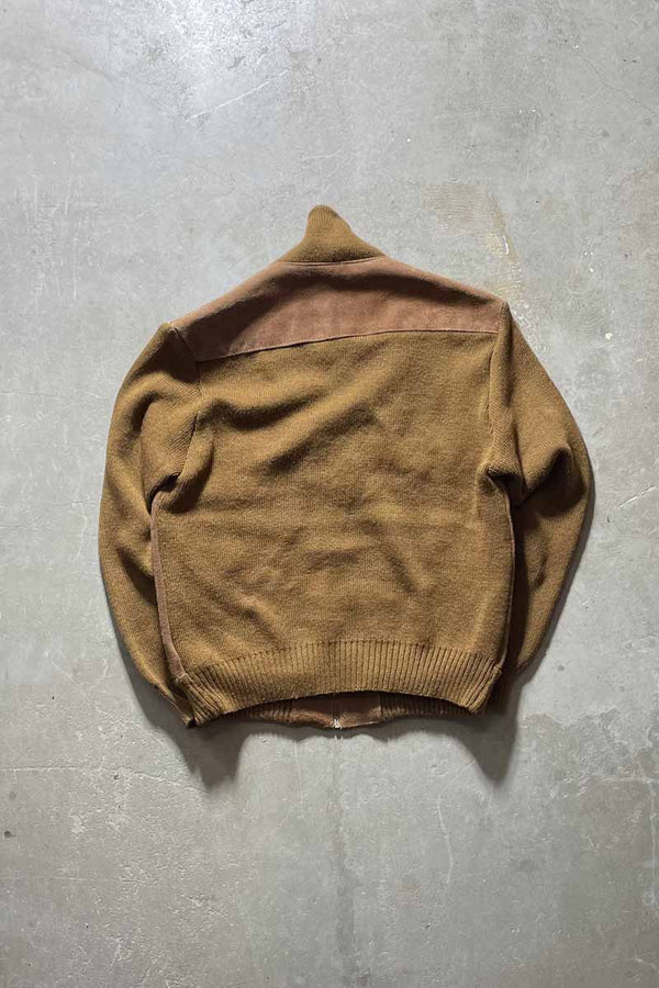 80'S SUEDE LEATHER ACRYLIC KNIT JACKET/ BROWN [SIZE:XL USED]
