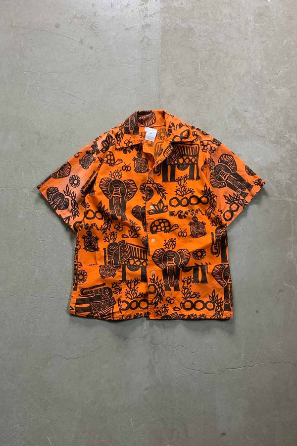 90'S S/S OPEN COLLAR NATIVE COTTON SHIRT / ORANGE [SIZE: M USED]