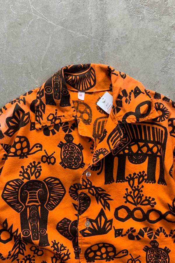 90'S S/S OPEN COLLAR NATIVE COTTON SHIRT / ORANGE [SIZE: M USED]