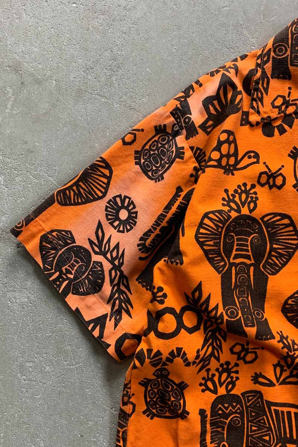 90'S S/S OPEN COLLAR NATIVE COTTON SHIRT / ORANGE [SIZE: M USED]