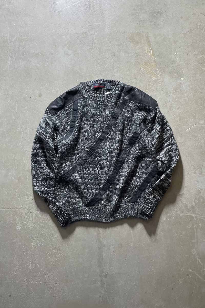 90'S LEATHER SWITCHING WOOL ACRYLIC KNIT SWEATER / BLACK [SIZE:M USED]