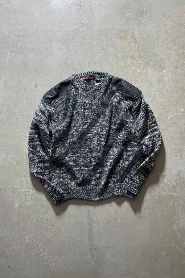 90'S LEATHER SWITCHING WOOL ACRYLIC KNIT SWEATER / BLACK [SIZE:M USED]