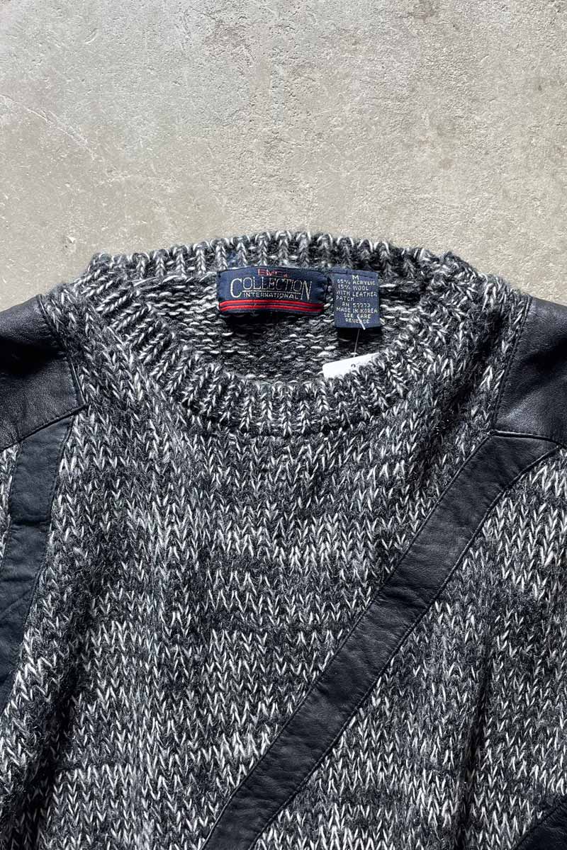 90'S LEATHER SWITCHING WOOL ACRYLIC KNIT SWEATER / BLACK [SIZE:M USED]