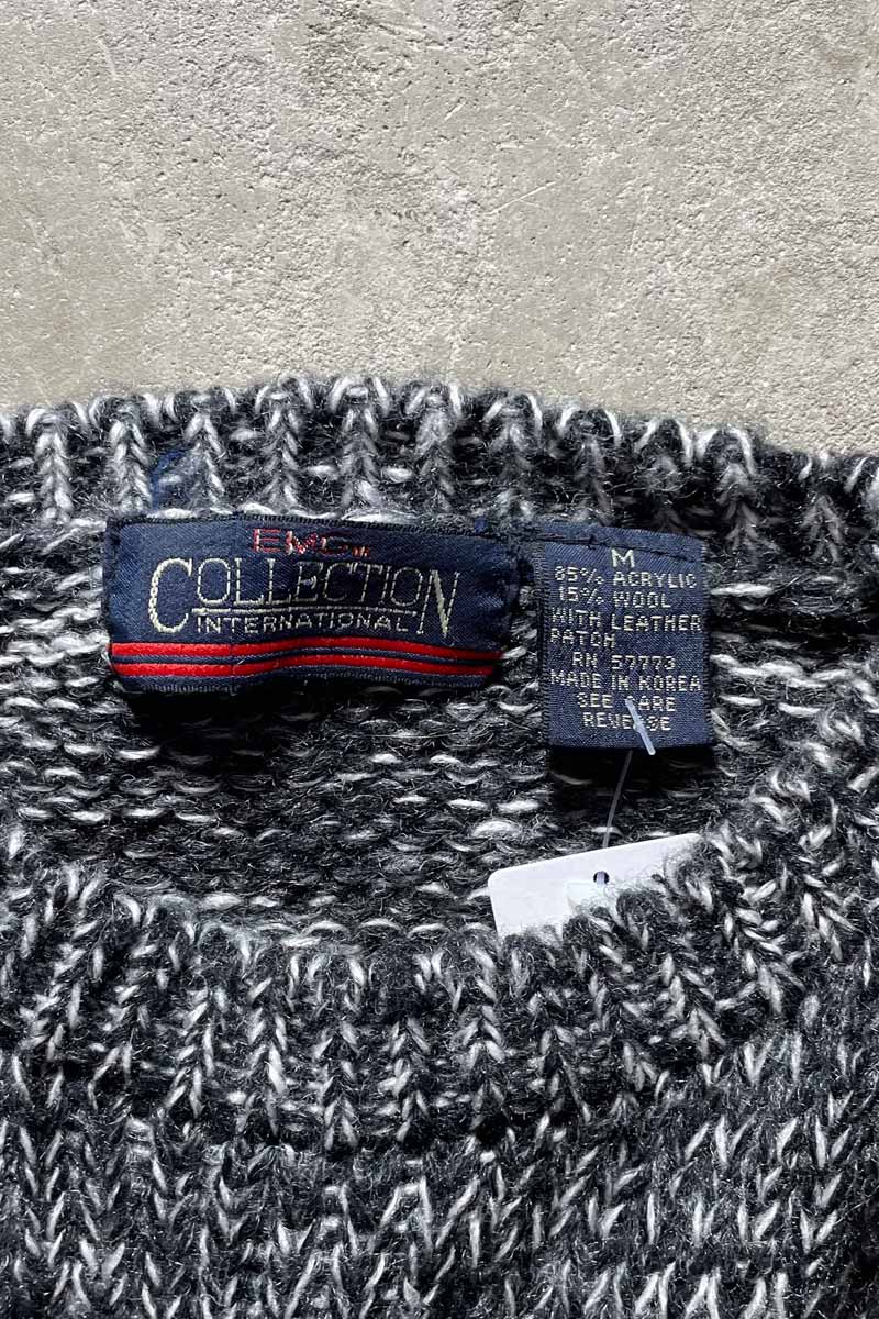 90'S LEATHER SWITCHING WOOL ACRYLIC KNIT SWEATER / BLACK [SIZE:M USED]