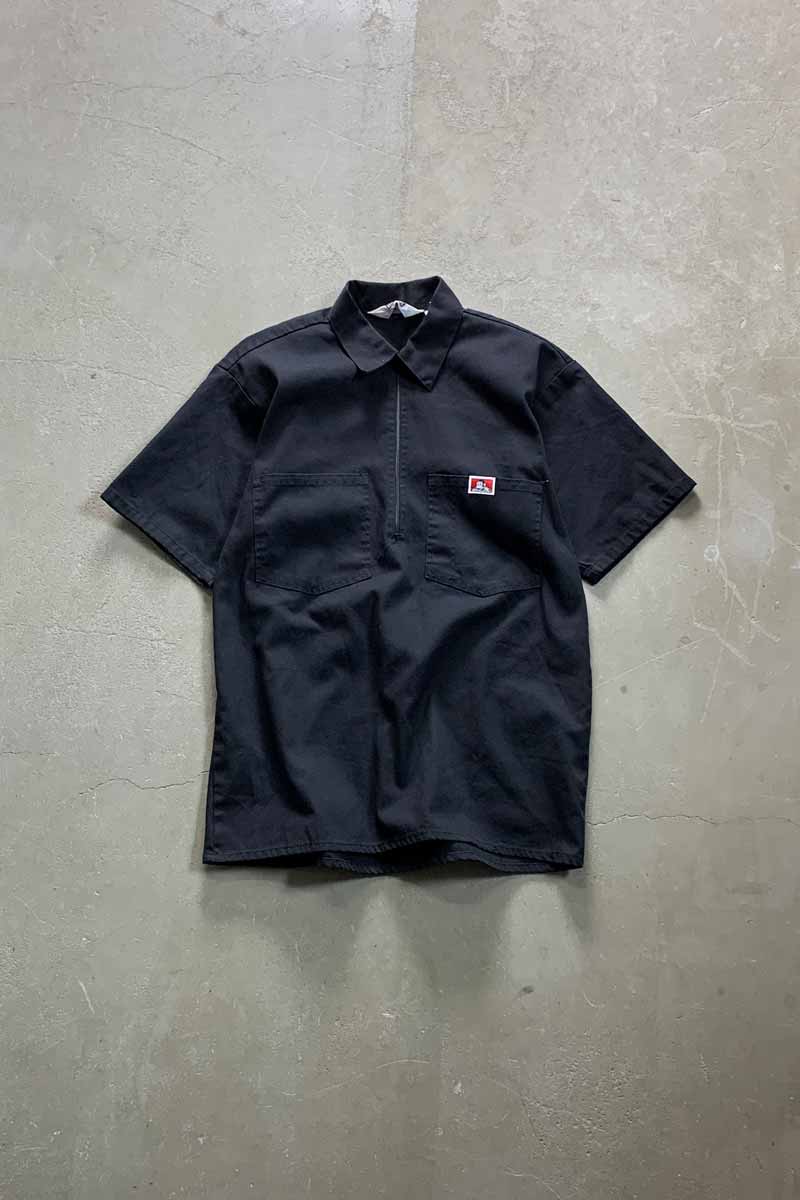 MADE IN USA 90'S S/S ONE POINT LOGO HALF-ZIP SHIRT / BLACK [SIZE: M USED]
