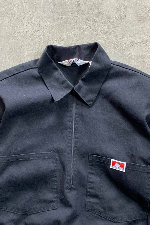 MADE IN USA 90'S S/S ONE POINT LOGO HALF-ZIP SHIRT / BLACK [SIZE: M USED]