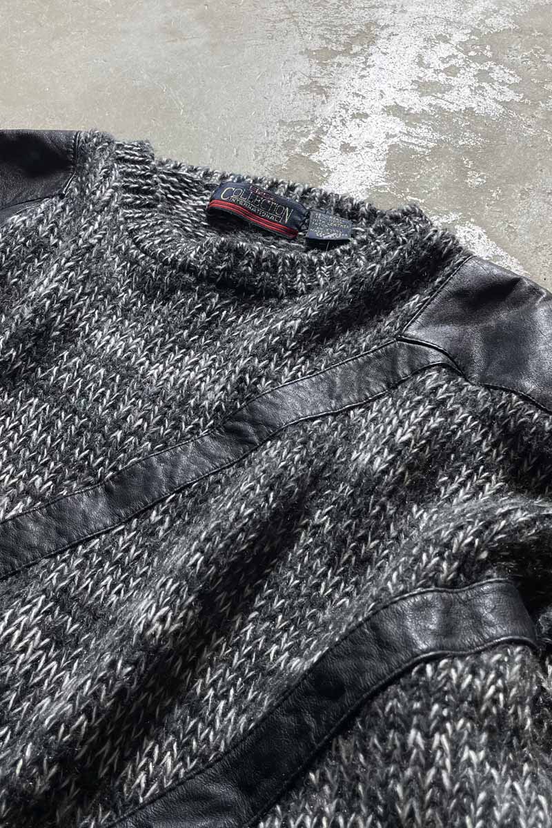 90'S LEATHER SWITCHING WOOL ACRYLIC KNIT SWEATER / BLACK [SIZE:M USED]