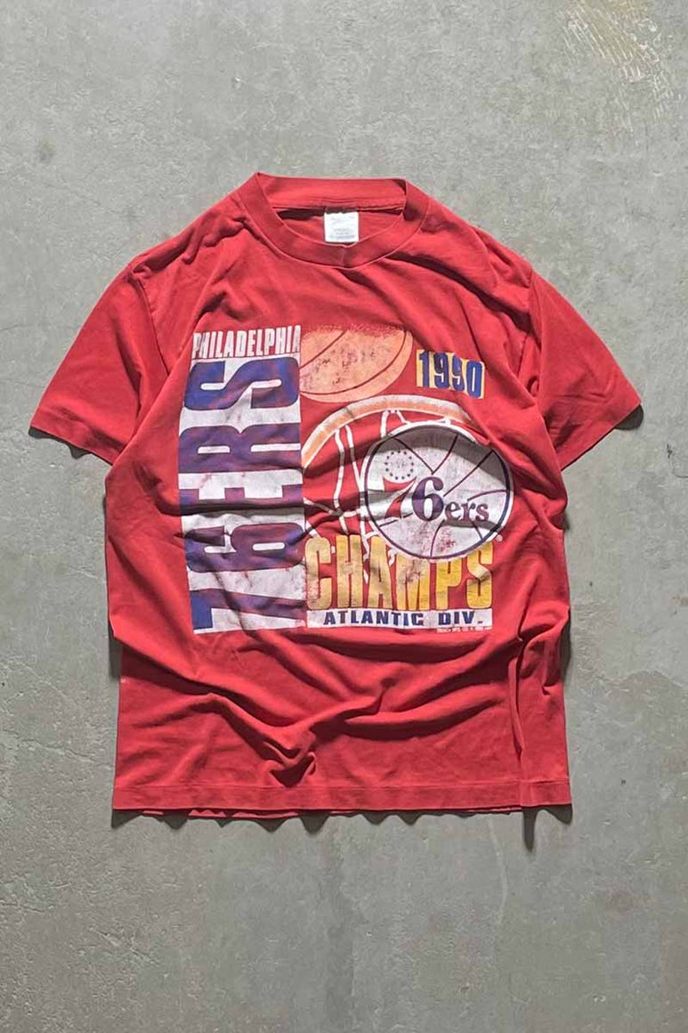 MADE IN USA 90'S 76ERS PRINT T-SHIRT / RED [SIZE: L USED]