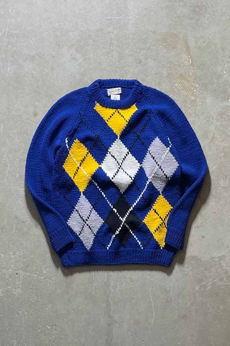 80'S HANDMADE ARGYLE KNIT SWEATER / BLUE [SIZE:M USED]
