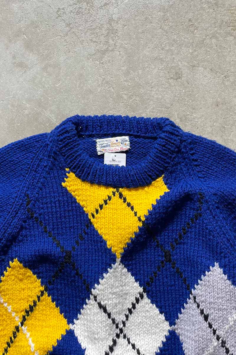 80'S HANDMADE ARGYLE KNIT SWEATER / BLUE [SIZE:M USED]