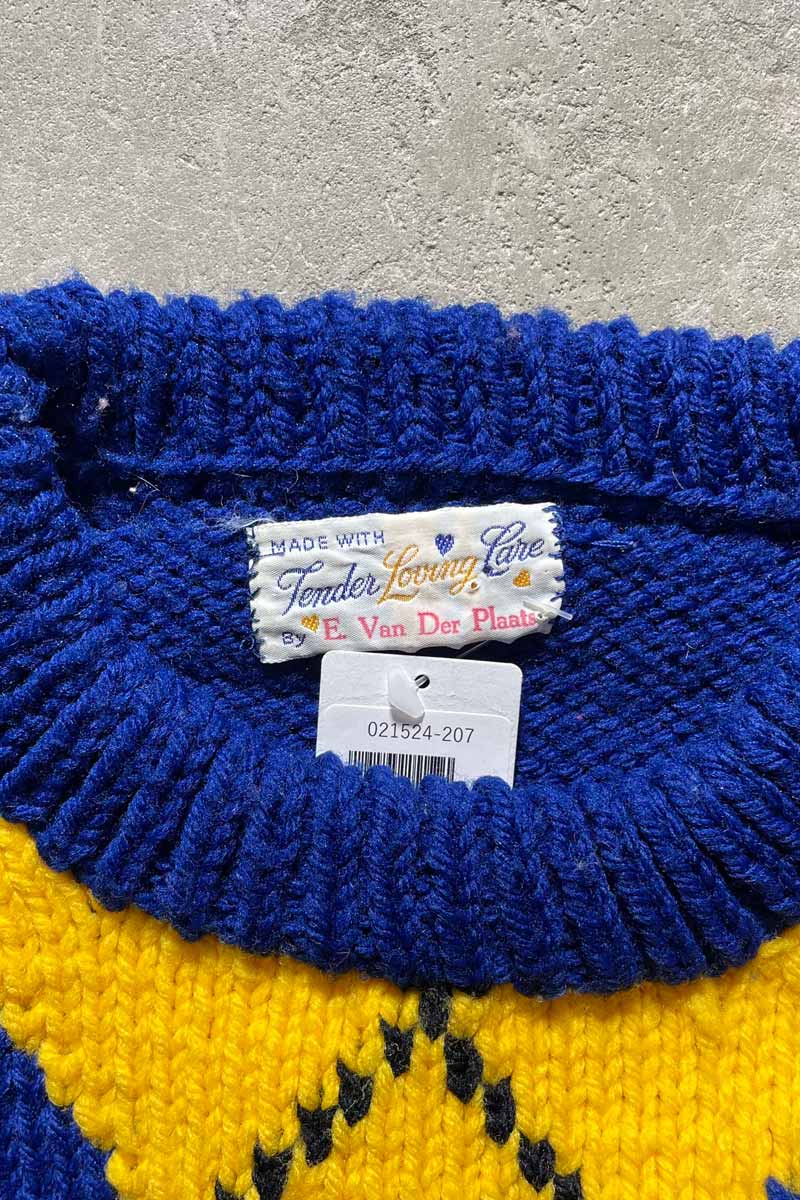 80'S HANDMADE ARGYLE KNIT SWEATER / BLUE [SIZE:M USED]