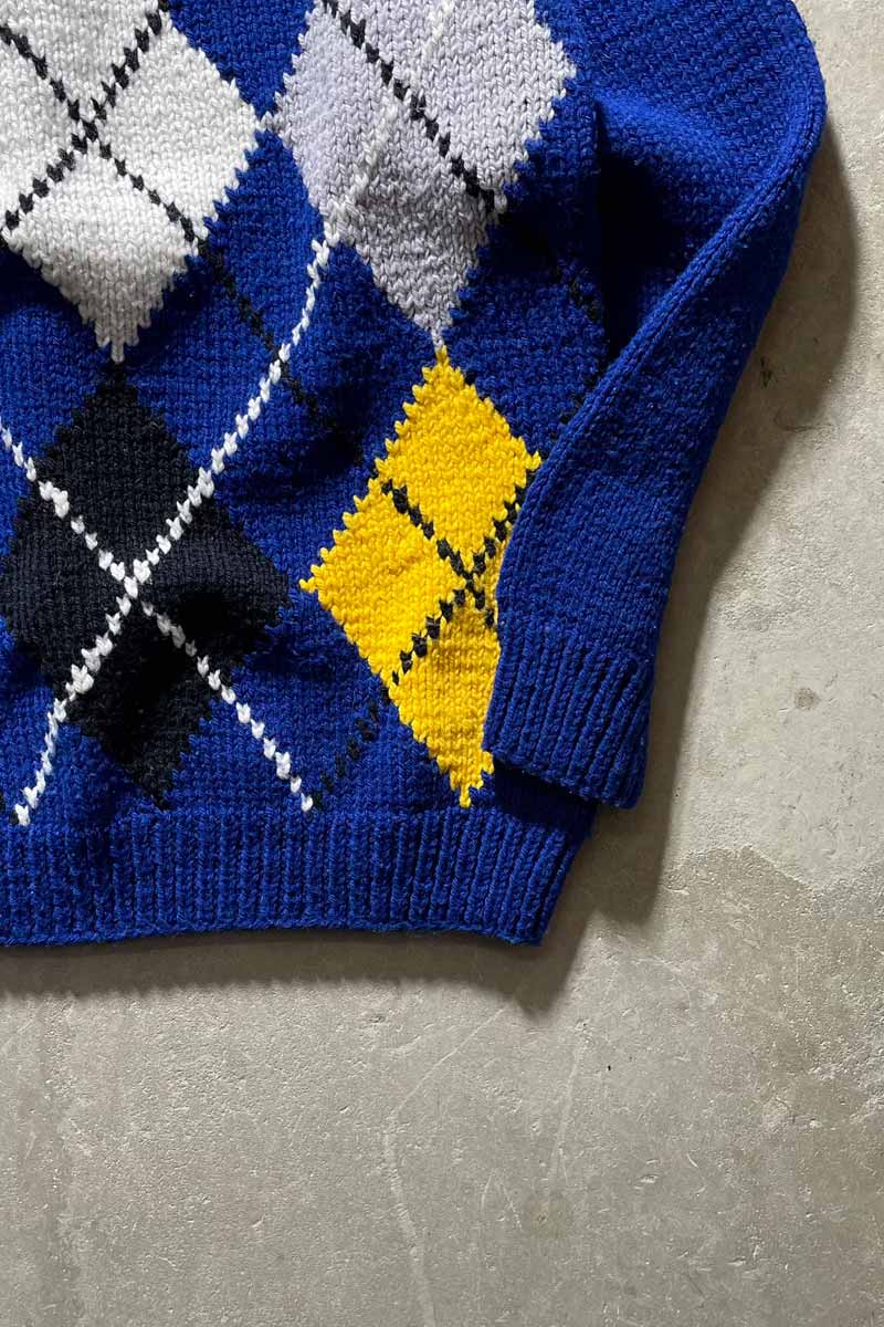 80'S HANDMADE ARGYLE KNIT SWEATER / BLUE [SIZE:M USED]