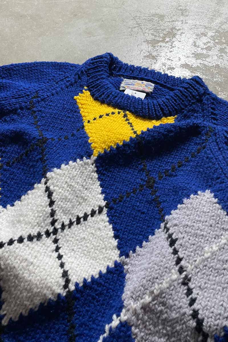80'S HANDMADE ARGYLE KNIT SWEATER / BLUE [SIZE:M USED]