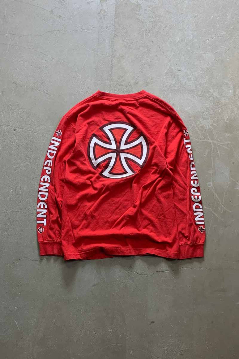 MADE IN USA 90'S L/S BACK LOGO PRINT T-SHIRT / RED [SIZE: M USED]