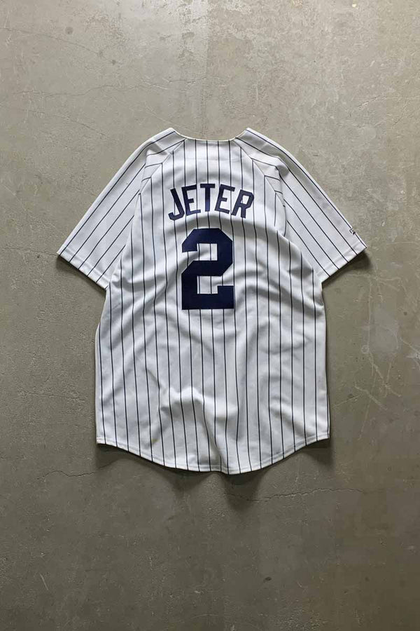 90'S S/S NY YANKEES 2 JETER BASEBALL GAME SHIRT / WHITE [SIZE: L USED]