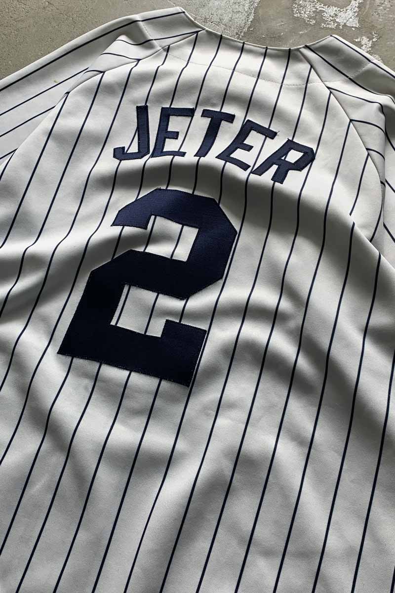 90'S S/S NY YANKEES 2 JETER BASEBALL GAME SHIRT / WHITE [SIZE: L USED]