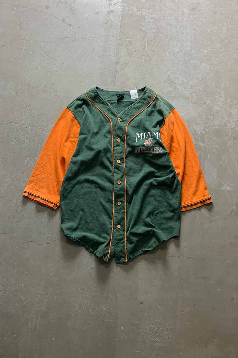 MADE IN USA 90'S MIAMI HURRICANES S/S BASEBALL SHIRT / GREEN / ORANGE [SIZE: L USED]