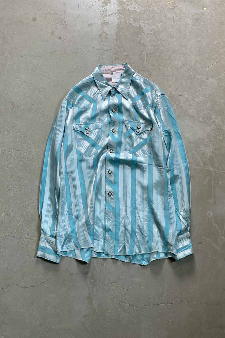 70'S L/S MULTI STRIPE WESTERN SHIRT / BLUE [SIZE: M USED]