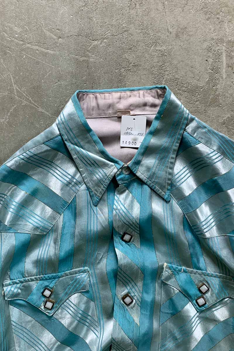 70'S L/S MULTI STRIPE WESTERN SHIRT / BLUE [SIZE: M USED]