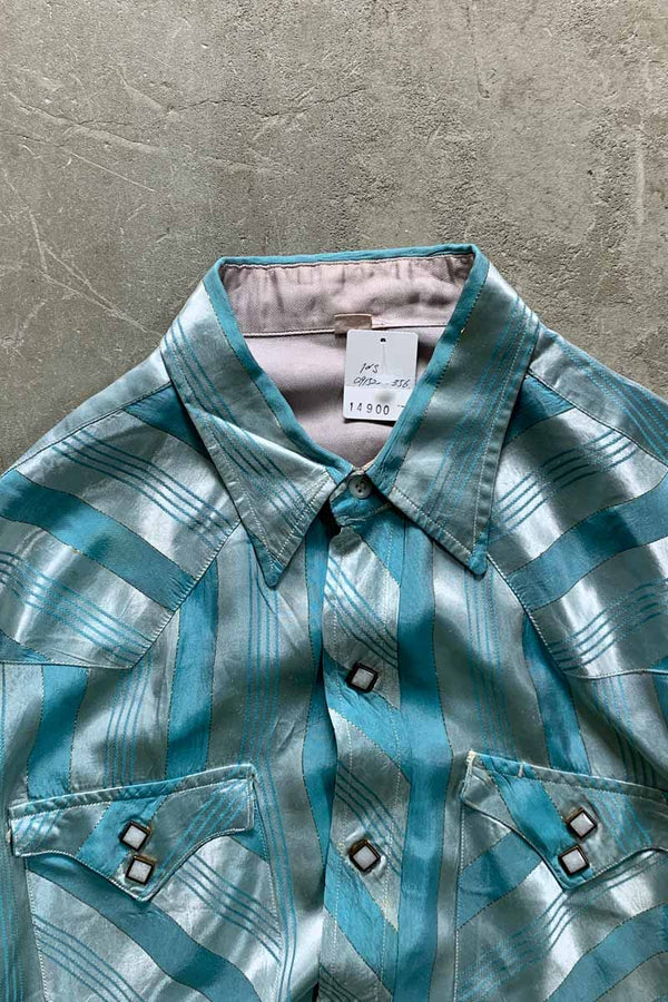70'S L/S MULTI STRIPE WESTERN SHIRT / BLUE [SIZE: M USED]