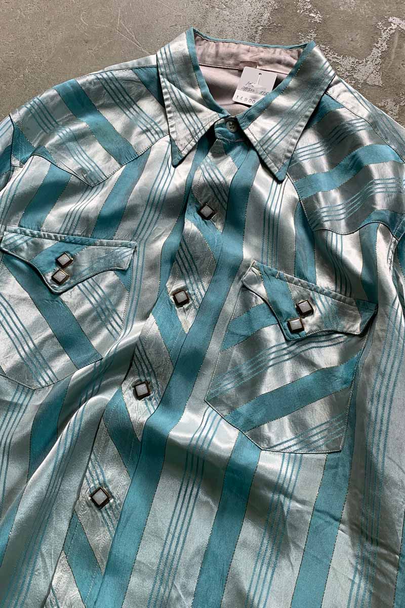 70'S L/S MULTI STRIPE WESTERN SHIRT / BLUE [SIZE: M USED]