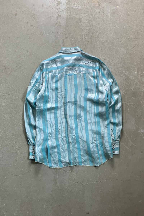 70'S L/S MULTI STRIPE WESTERN SHIRT / BLUE [SIZE: M USED]